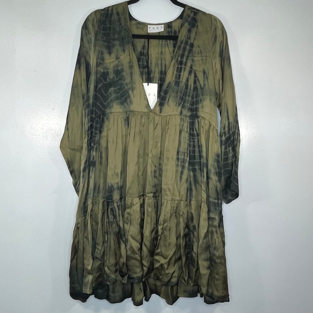 FARA RUNE MINI DRESS OLIVE TIE DYE Satin Size SM Long Sleeve Tiered Boho Beach